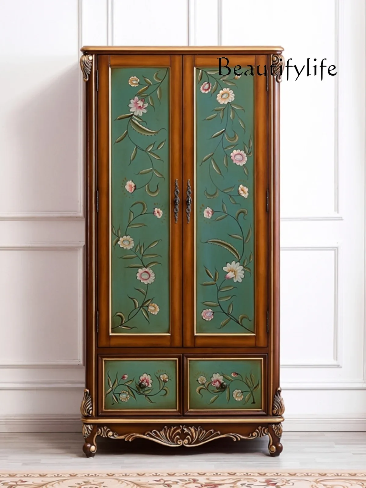 European retro wardrobe painted furniture solid wood storage cabinet wardrobe cabinet quilt adult children hanging wardrobe