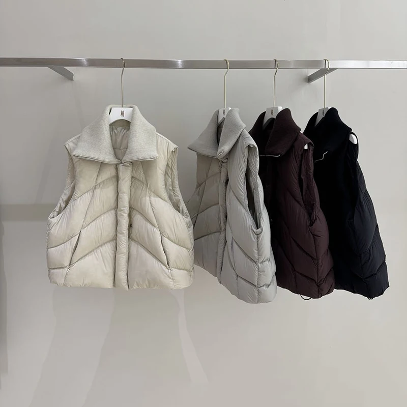 

Autumn Winter Knit Splice Lapel Down Vest Female Sleeveless Zipper Puff Waistcoat Tops Women White Duck Down Fluffy Quilted Vest
