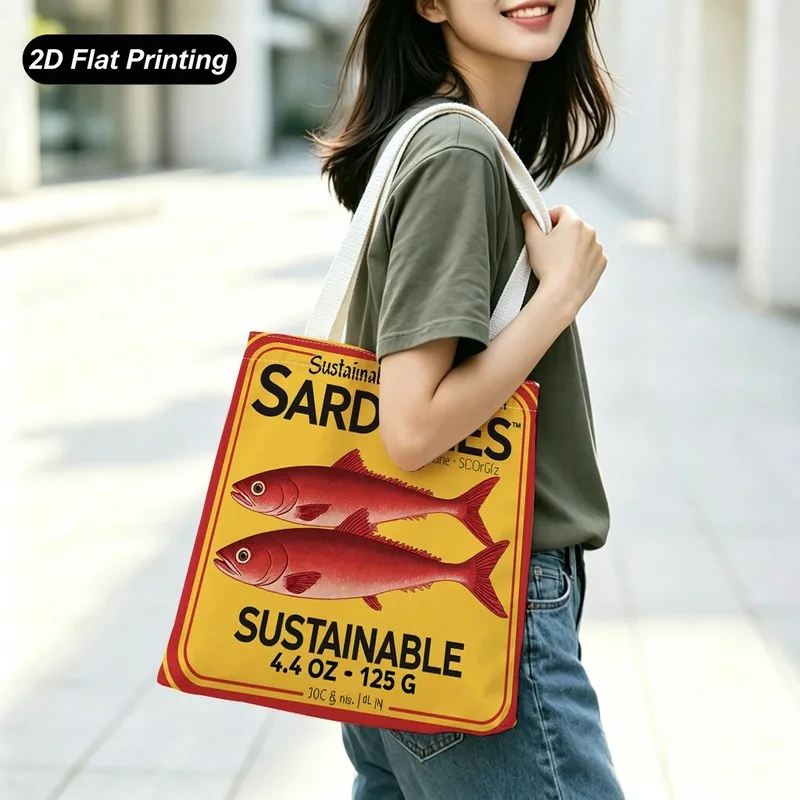 1PC【Tote Bag】2DFlat effect，Vintage Sardine Can Style Printed Tote Bag，Large-capacity casual everyday style，Adapted shopping、