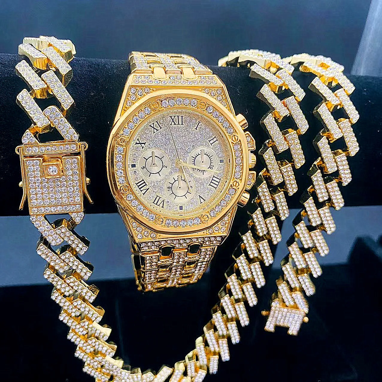 Imagem -04 - Homens Luxo Relógio de Pulso Colar e Pulseira Conjunto de Jóias Relógio Cubano Corrente Bling Ouro Prata Diamante Pcs