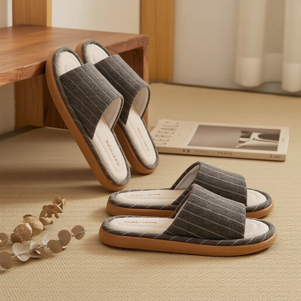 Comfortable Striped Couple Cotton Slippers Bedroom Four Seasons Japanese Style  Floor Shoes Men Women image 2