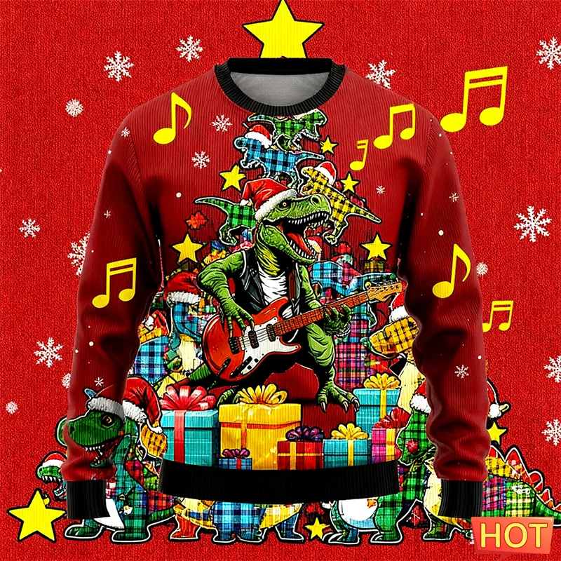 2026 جديد مضحك T-rex الجرافيك القبيح عيد الميلاد سترة العصرية الشارع الشهير ثلاثية الأبعاد مطبوعة عيد الميلاد بلوزات كول المتضخم رجالي البلوفرات #1