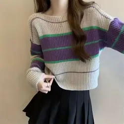 Contrasting Colors Striped Jumpers Autumn Winter Knitted Short Women's Clothing Round Neck Casual Korean Long Sleeve Sweaters