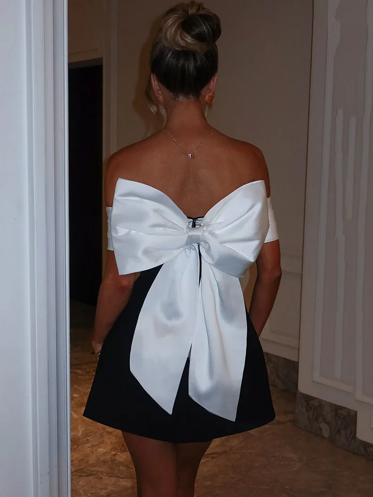 Mozision Bow Backless Sexy Mini Dress For Women Robe Elegant Off-shoulder Strapless Sleeveless A-line Club Sexy Dress Vestido