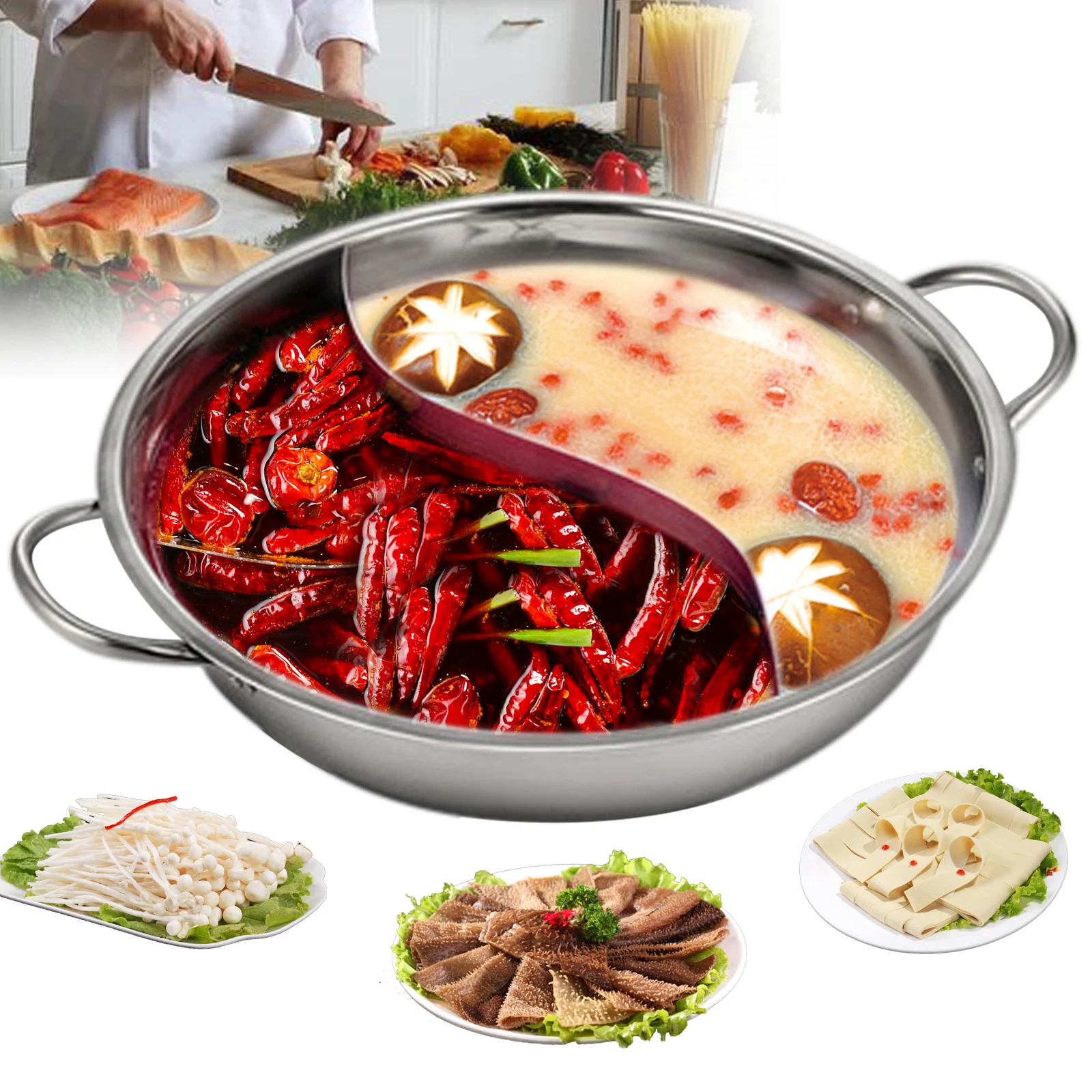 

Food Grade Stainless Steel Shabu Shabu Hot Pot with Dual Divider & Thicken Glass Lid Two-Flavor Soup Pot Hot Pot