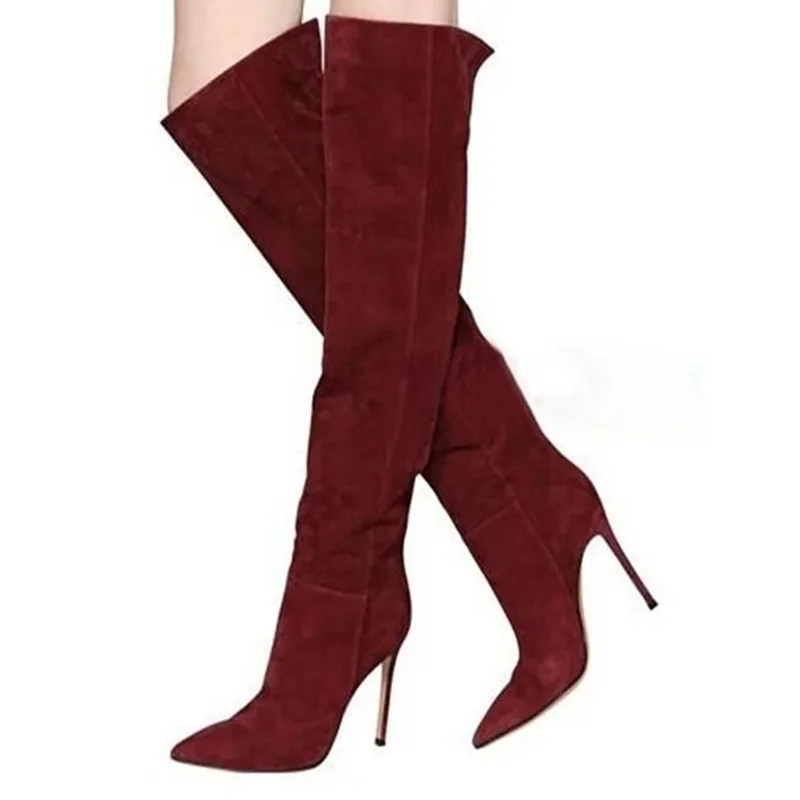 

Woman Wine Red Suede Knee High Boots Pointed toe Stretch Stiletto High Heels Winter Long Boots Customized