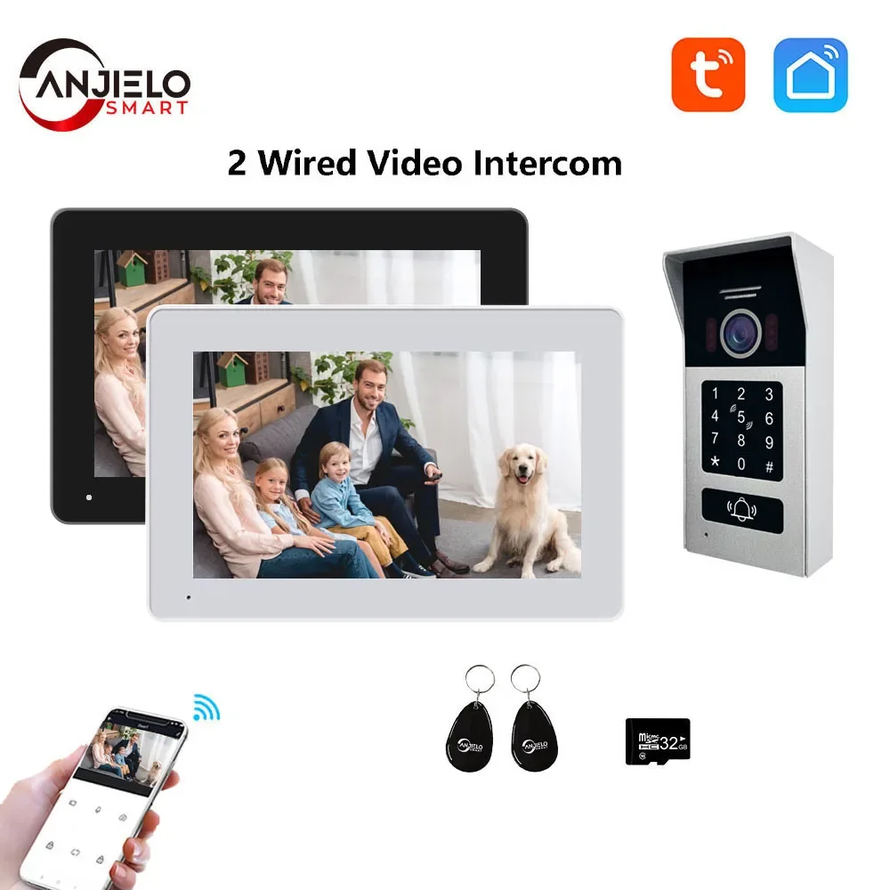 

1080P Tuya 7 Inch Touch Monitor RFID Card Doorphone System for Home Villa with 2 Wired BUS Video Intercom Doorbell Camera