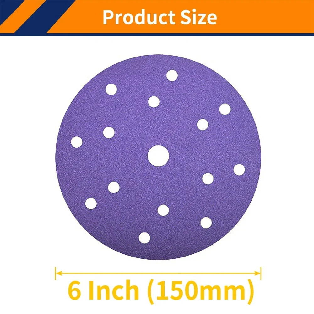 50PCS 6 Inch Ceramic Sanding Discs,6 Inch 15 Hole Hook and Loop Backing Sandpaper for DA Sander Wood Metal Paint Finish