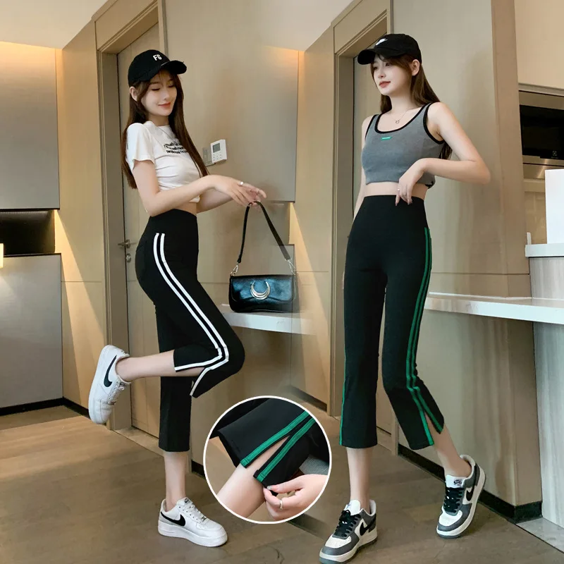 

Summer Ladies 7-point Pants Women Thin Shark Pants Highly Elastic Comfortable Yoga Pant Sports High Waisted Open Flare shorts