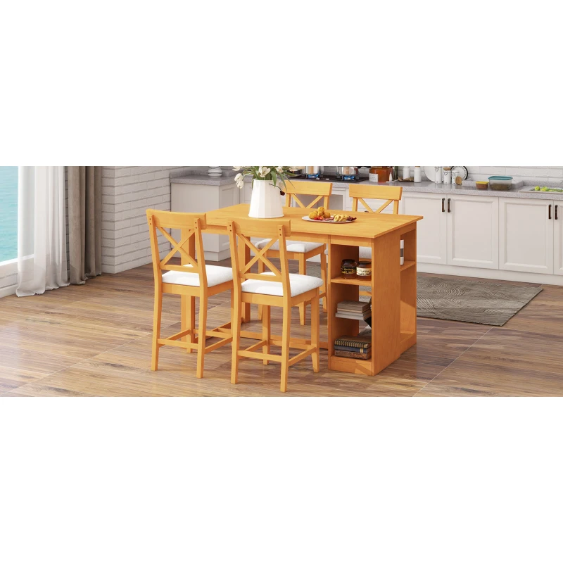 

TOPMAX 60"Lx30"W Solid Wood Farmhouse Counter Height Dining Table Set with 3-Tier Storage Shelves, Upholstered Dining Chairs