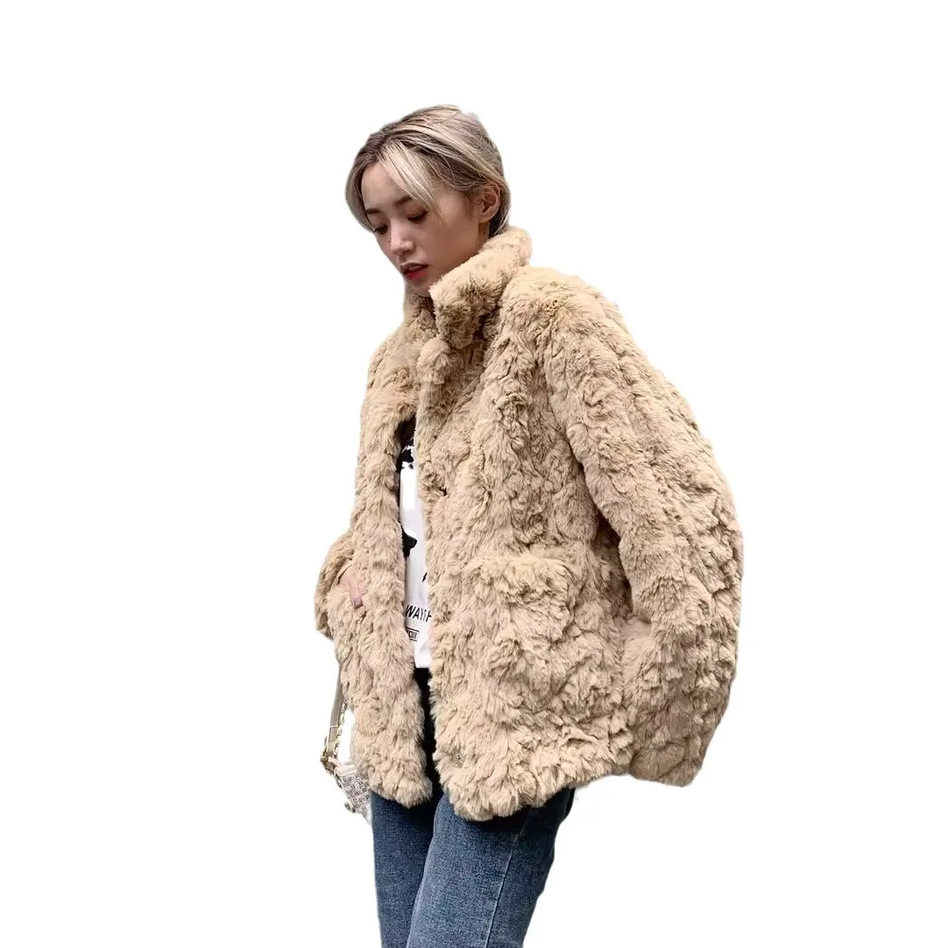 

Autumn and winter fur imitation Rex rabbit hair brush flower coat new square collar hair clothes thickened warm furry top women