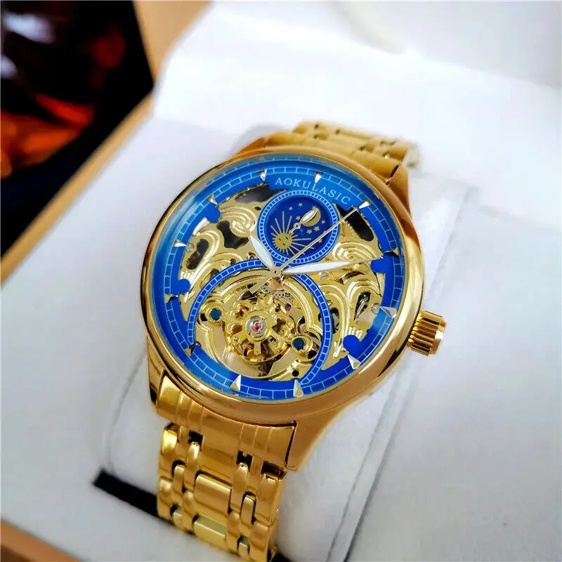 Luxury Brand Men\'s Skeleton Watch Gold Automatic Self Wind Mechanical Wristwatch Moon Phase Steel Band Nice Gift