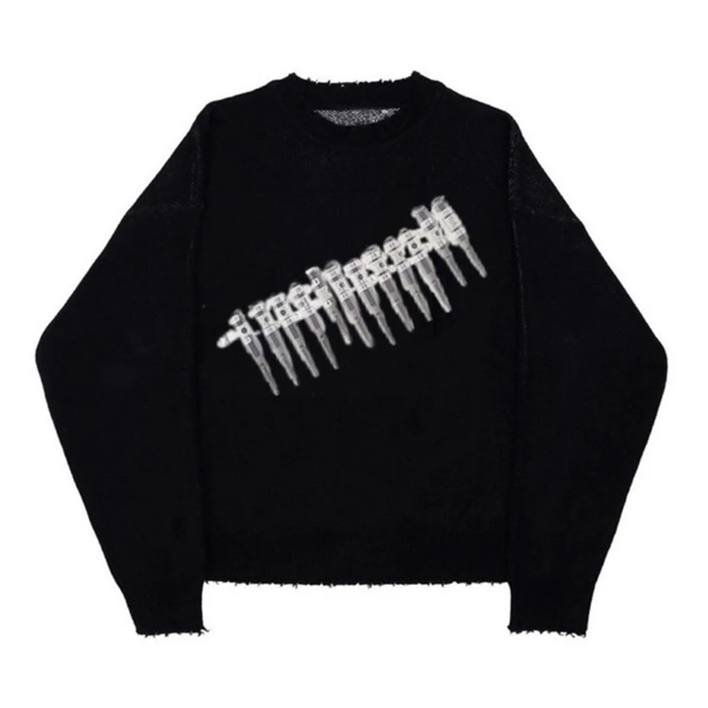 

Men's and women's winter knitted sweater Gothic punk round neck top long sleeved hooded sweater with needle print loose casual