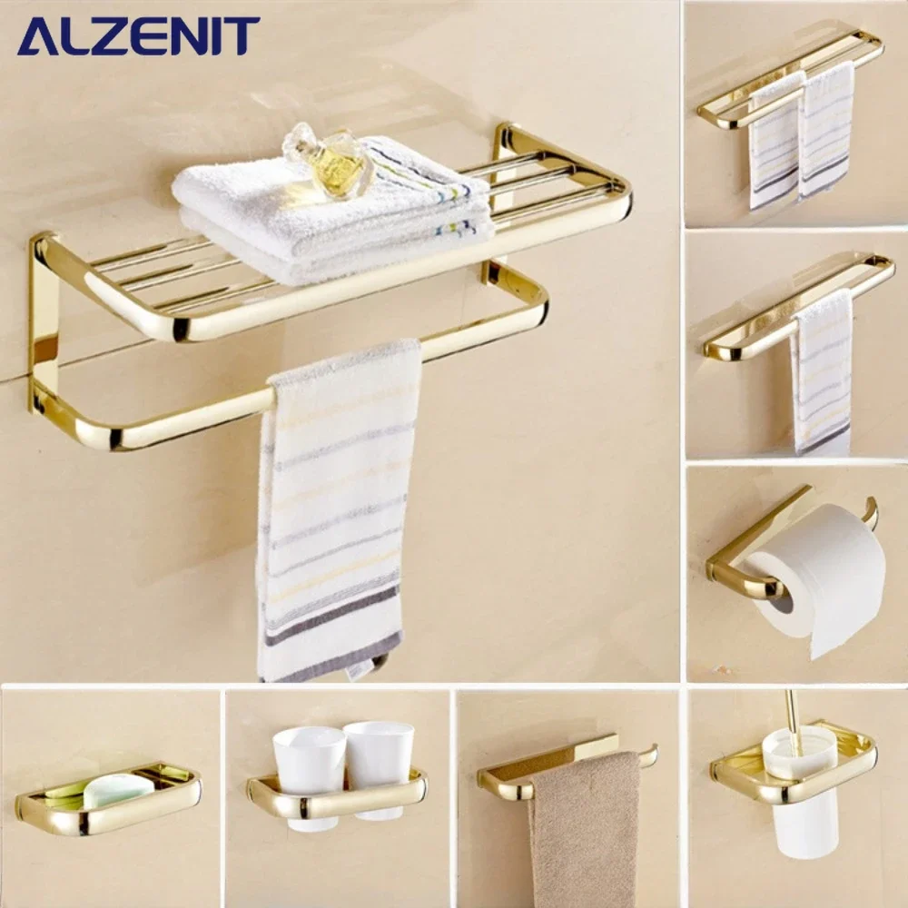 Full Copper Gold Bathroom Accessories European Wall-mounted Shelf Bathroom Hardware Pendant Set Paper Holders Toilet Brush Rack