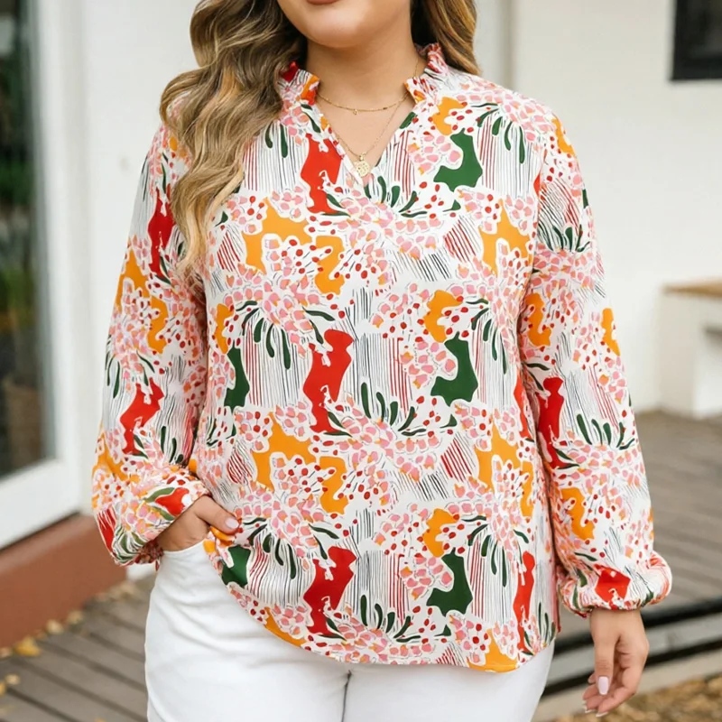 

Plus-Size Women's Shirt, Abstract Floral Print V-Neck Ruffled Long-Sleeve Top, Loose Fit Suitable for Everyday Wear