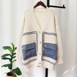 Pockets Knitted Sweater Women Cardigan Thick 2024 Pullovers Spring Warm Autumn Winter Jacquard Jumpers Y2k E-girl Jumper Work