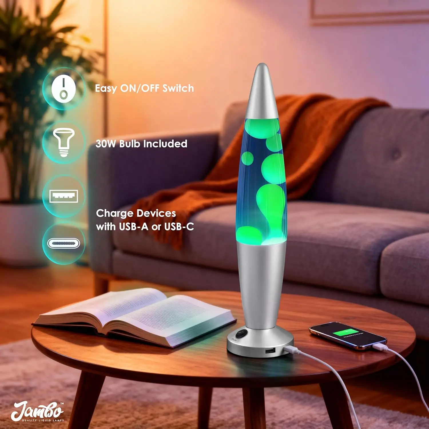 Lampada liquida a movimento da 16" con porte USB, luce notturna in cera gialla liquida blu per camera da letto, soggiorno, ufficio