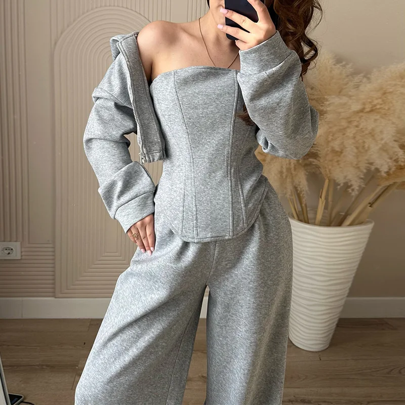 

Women's clothing 2025 autumn new fashion hooded sweatshirt jacket vest wide leg pants three piece set
