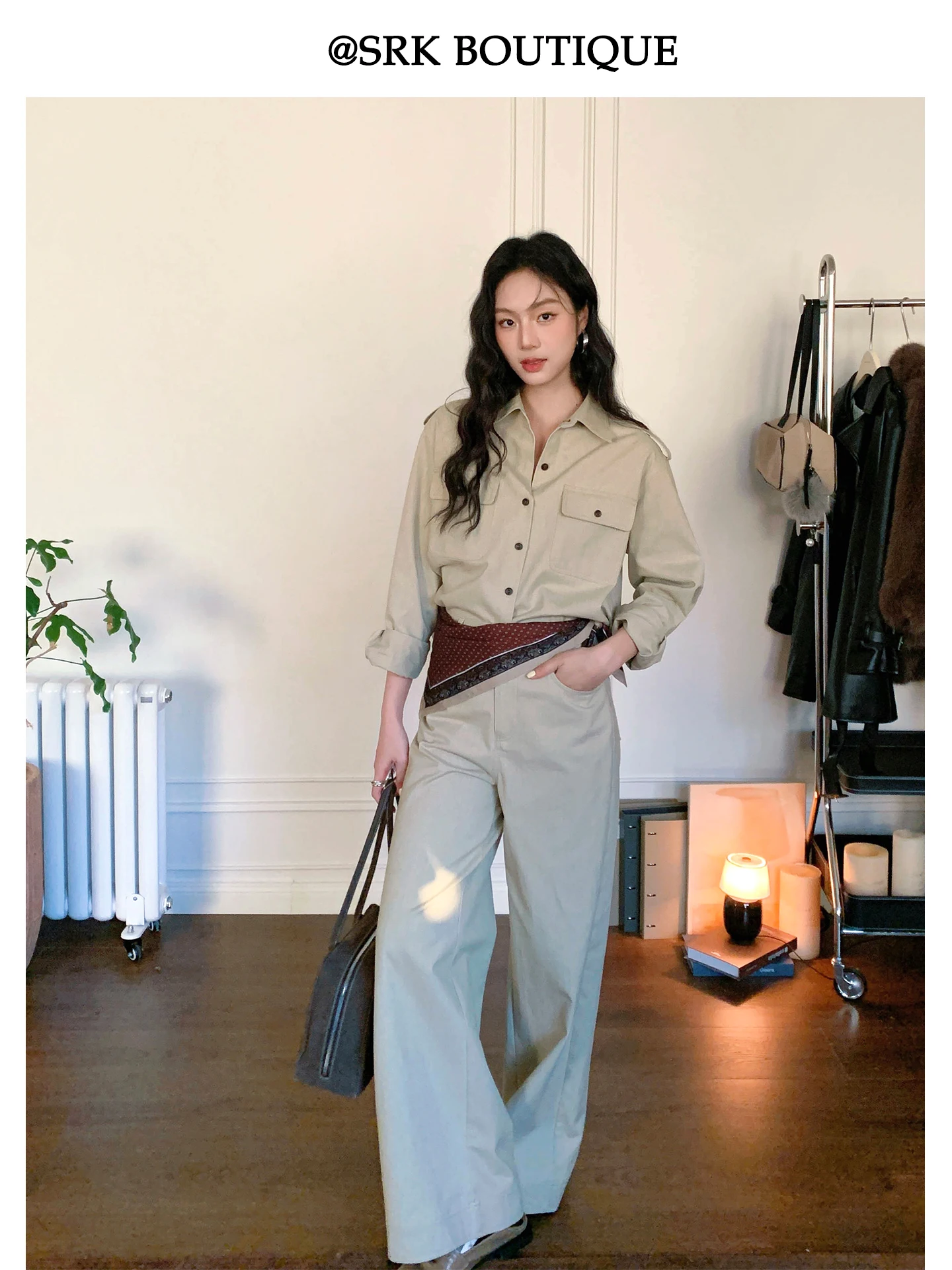 

Модный повседневный комплект SRK: хлопковая рубашка и брюки с широкими штанинами, дышащий, свободный крой, высокая талия, прямой силуэт, весенний сезон, женский.