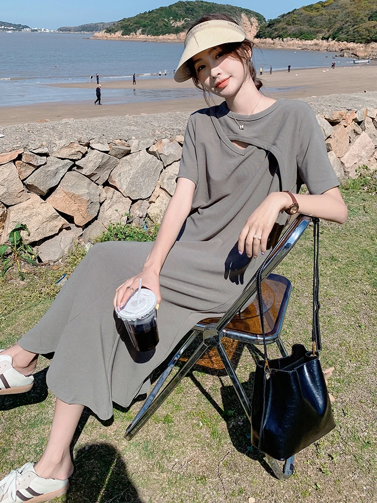 フィッシュテールドレス女性授乳ドレス-2026-夏マタニティ授乳ドレス半袖-o-ネック中空アウト