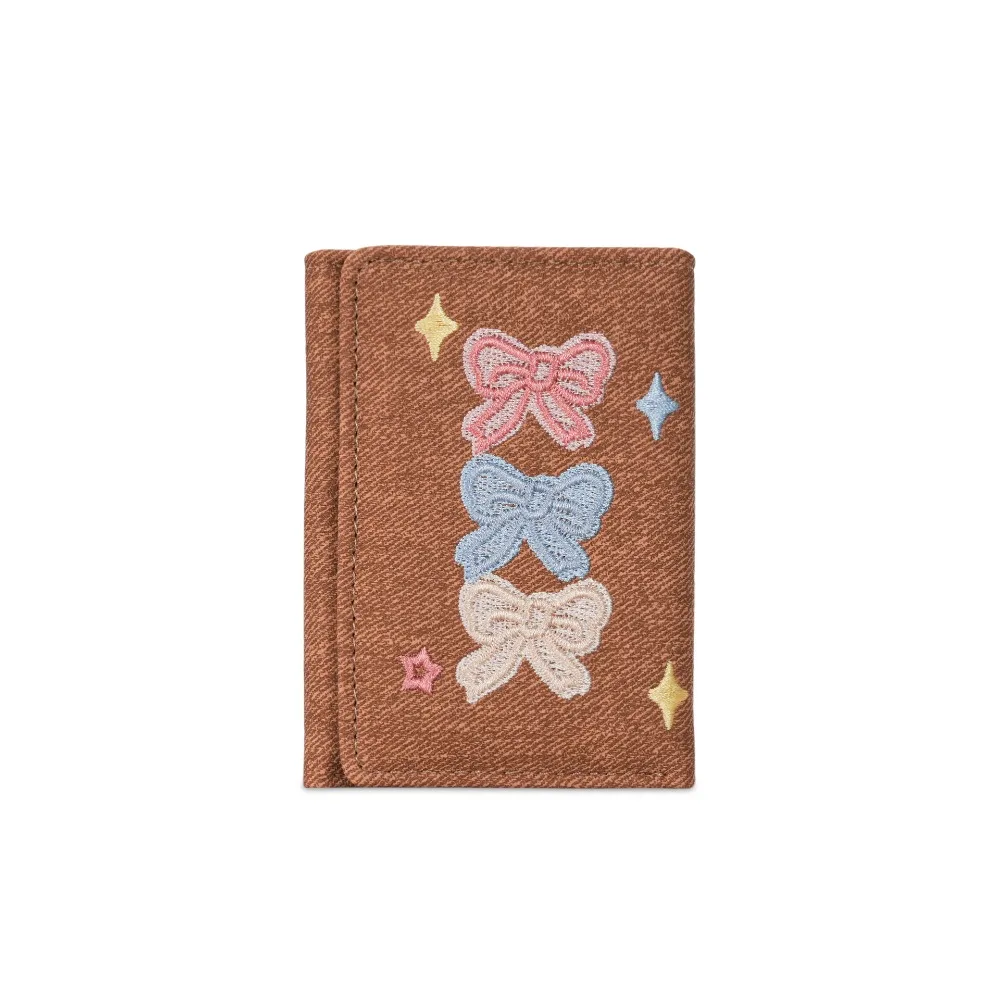 Card Pouch Portable Embroidered Bow Wallet Embroidery Cute Denim Coin Purse PU Leather Multiple Card Three Fold Wallet Student