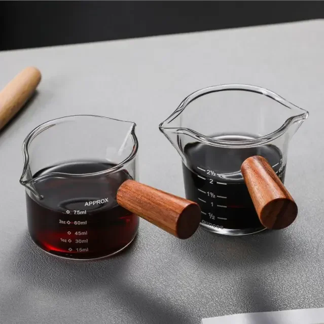 1/2/3pcs 75ml Glass Measuring Cup Extraction Shot Glass Wooden Handle With Scale Milk Jug Latte Coffee Accessories Barista Tools