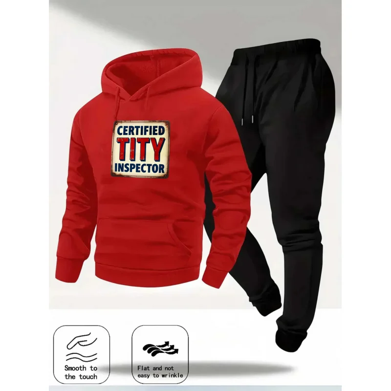 

Комплект с капюшоном, красная толстовка с сертифицированным принтом Tity Inspector и джоггеры, повседневная одежда для мужчин и женщин, забавный подарочный наряд