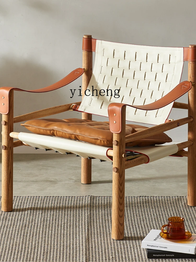 ZK Hunting Chair Solid Wood Saddle Leather Leisure Chair Printing Creative Designer Single-Seat Sofa Chair