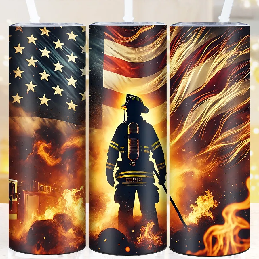 

20oz Stainless Steel Skinny Straight Tumbler Print 3D USA Fire Heroes Festive Coffee Cups Hot Cold Insulated Outdoor Travel Mugs