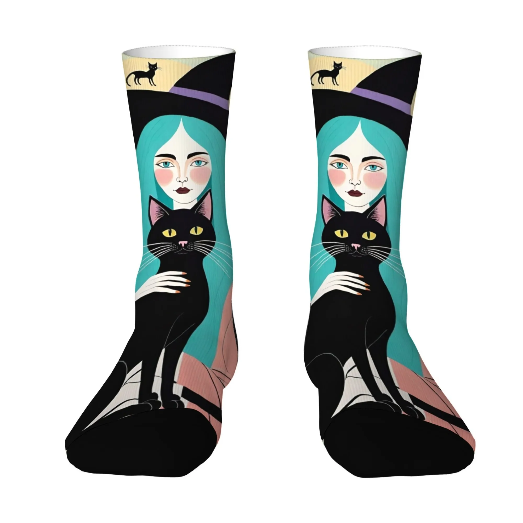 

Причудливые носки с ведьмой и котом, милый мультяшный дизайн, новинка, носки для экипажа, идеальный подарок на Хэллоуин, косплей, любители комиксов