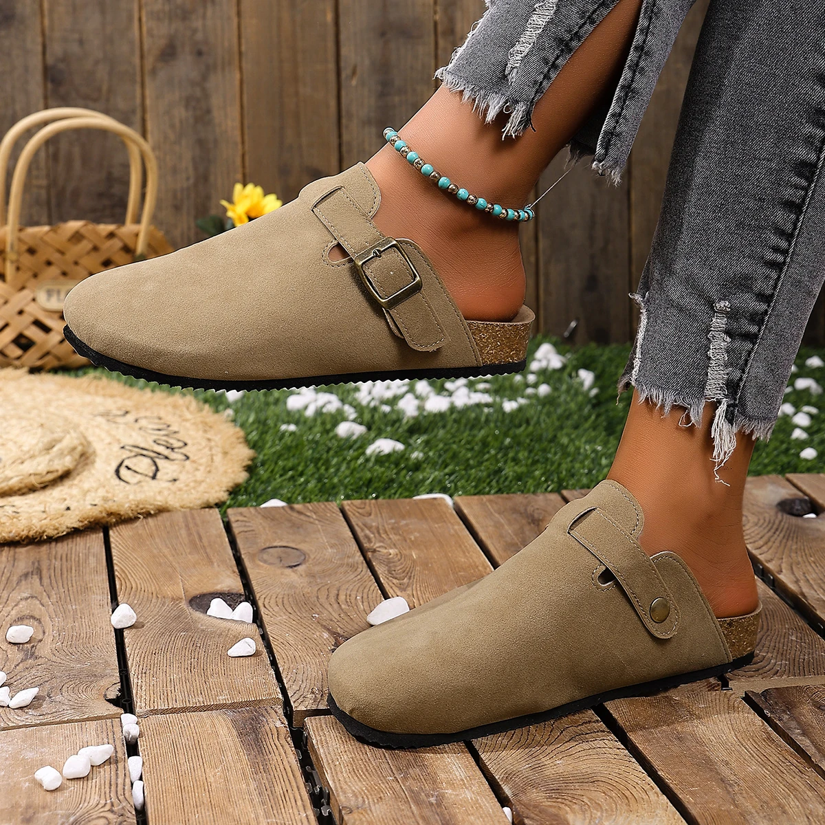 Korkfußbett-Clogs für Damen und Herren, modische Leder-Mules, bequeme Potato-Schuhe mit Fußgewölbestütze, flache Slides für drinnen und draußen – Detail 3