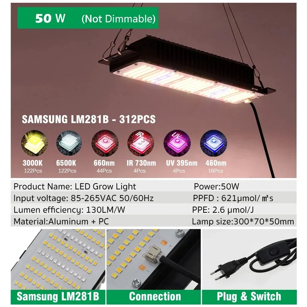 Imagem -06 - Full Spectrum Led Grow Light para Plantas de Interior Lâmpada Super Brilhante sem Regulável Chips Samsung Lm281b Ac85265v 50w