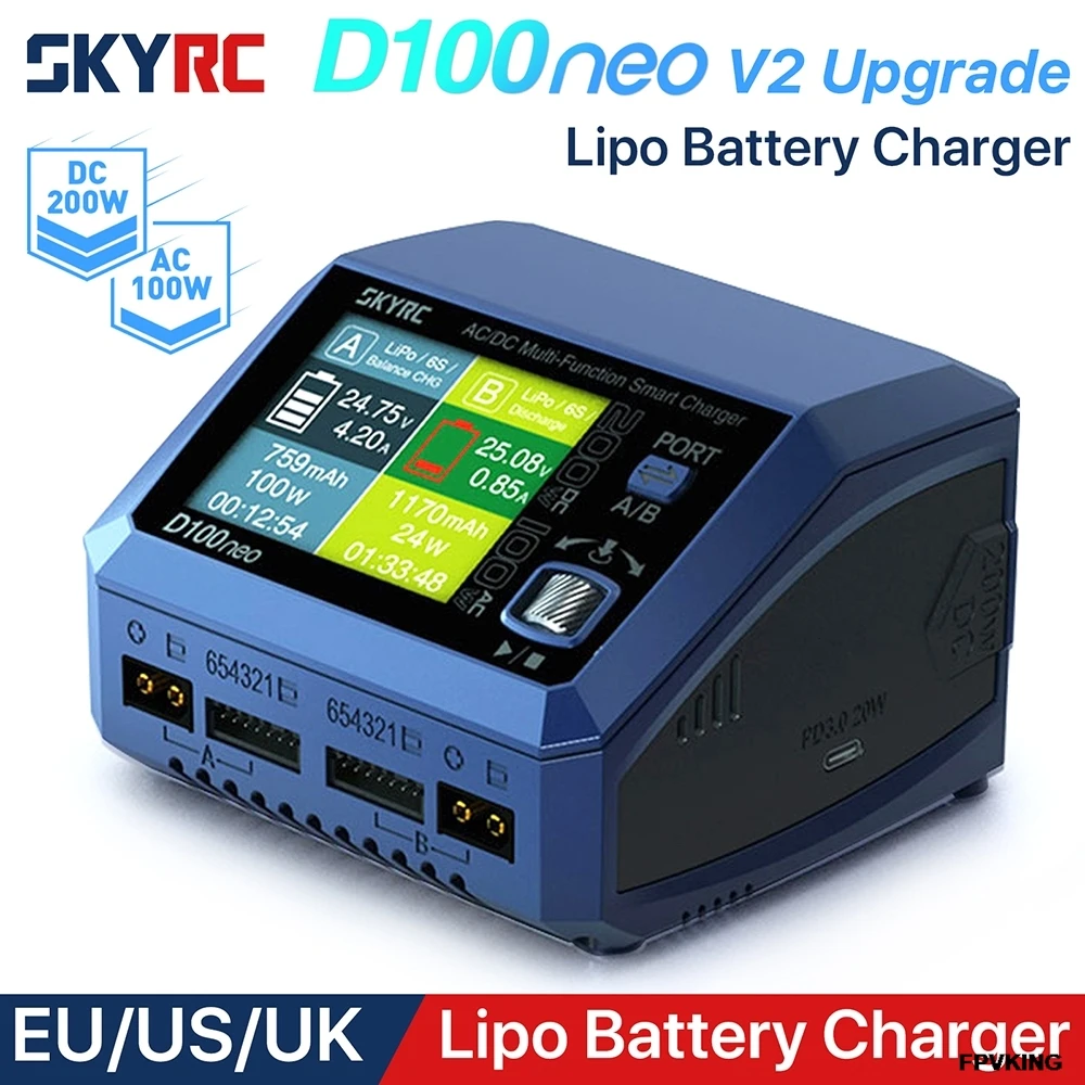 SkyRC D100Neo AC100W DC200W 10Ax2 Dual Channel Multi-Function Smart Charger for 1-6S Lipo/LiFe/Lilon/LIHV NIMH/NICD Battery