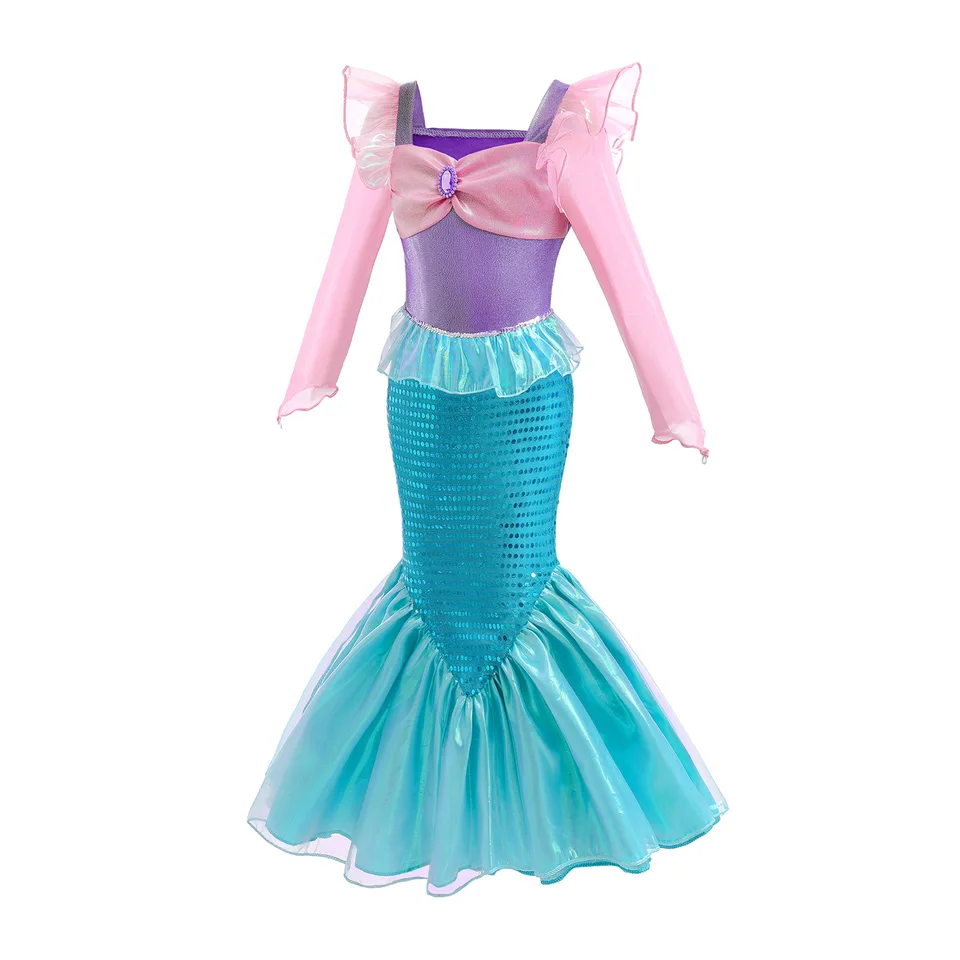 Long Sleeves Mermaid Dress for Girls Luxury Pink Ariel Clothes Ruffles Sequin Princess Costume
