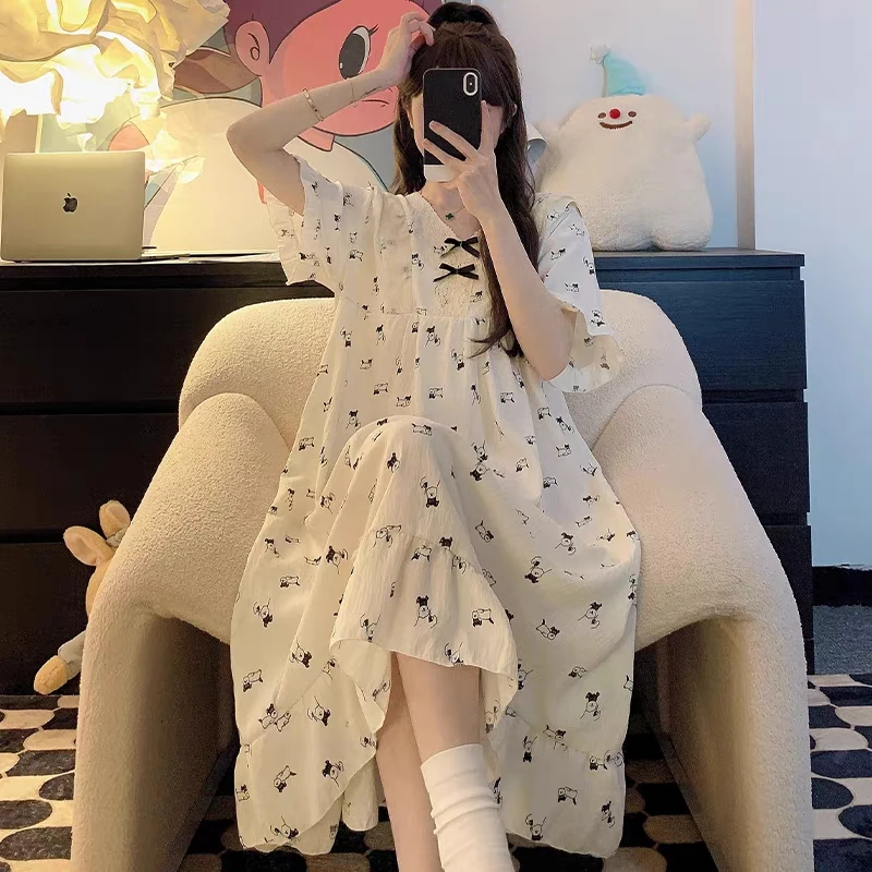 

Summer Sp Dr Women's ort Sve Thin Cloud Cotton plus Size Cute Long Pajamas Sweet Sle Home Clothes V-ne Nightgown