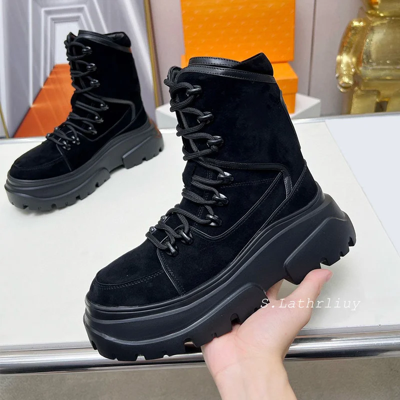 2024 Autumn Winter Flat Thick Bottom Riding Boots Women's Round Toe Suede Lace Up Ankle Botas Platform Fashion Short Boots