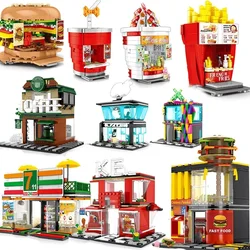 2024 Mini Shop Market Street View Sets Model Building Blocks Hamburger Restaurant Retail Store Creative Architecture Friend