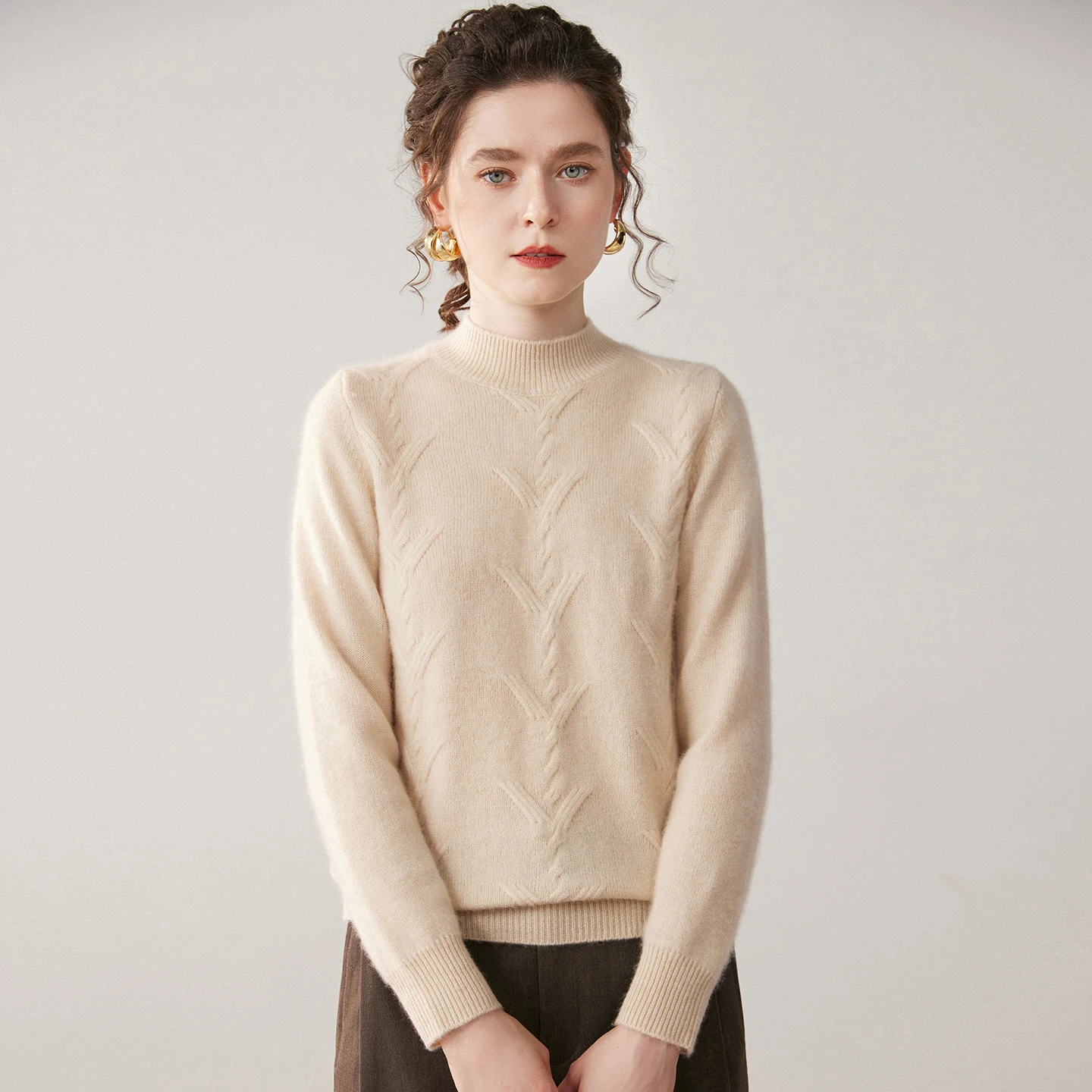 Autumn Winter Women's 100% Cashmere Sweater Pullover Mock Neck V-Shaped Jacquard Motif Timeless Delicate Regular‑Fit Knit Top