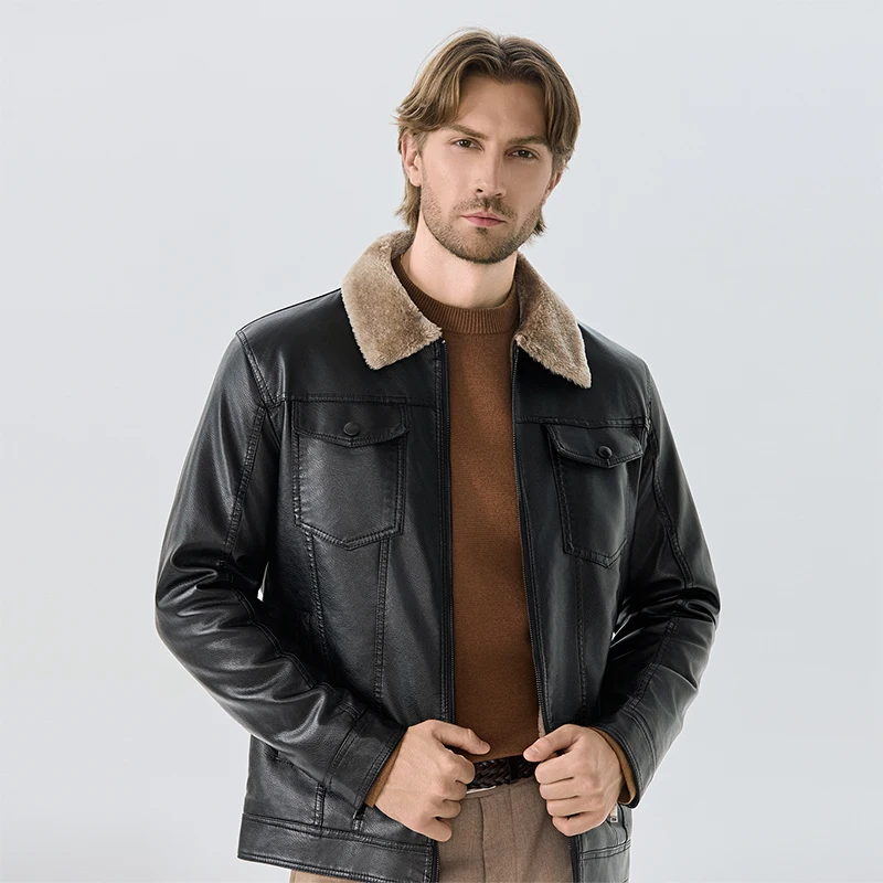 

Men's Leather Jacket Thickened Lapel Collar Fleece Liner Leather Coat Autumn Winter Add Velvet Coat Motorcycle Biker Outwear