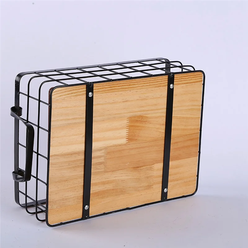 

High Quality-Double-Ear Rectangular Kitchen Storage Basket Handle Basket Wrought Iron Basket Solid Wood Bottom Fruit Basket,Doub