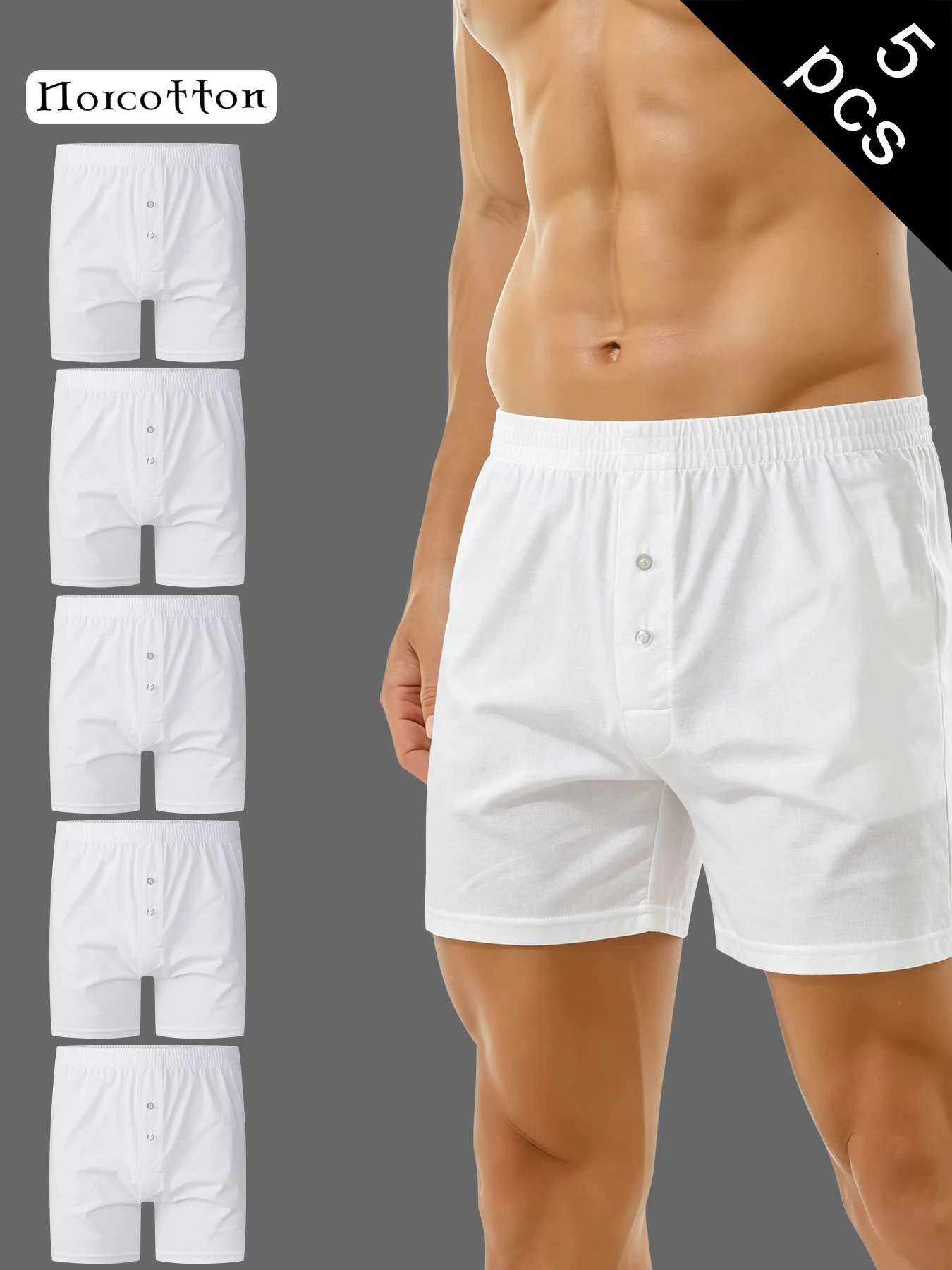 Norcotton Men's 5-Pack Boxer Shorts, Front Button Closure Design, Cotton Material, Skin-Friendly and Breathable, Solid Color, Versatile, Suitable for Daily Wear