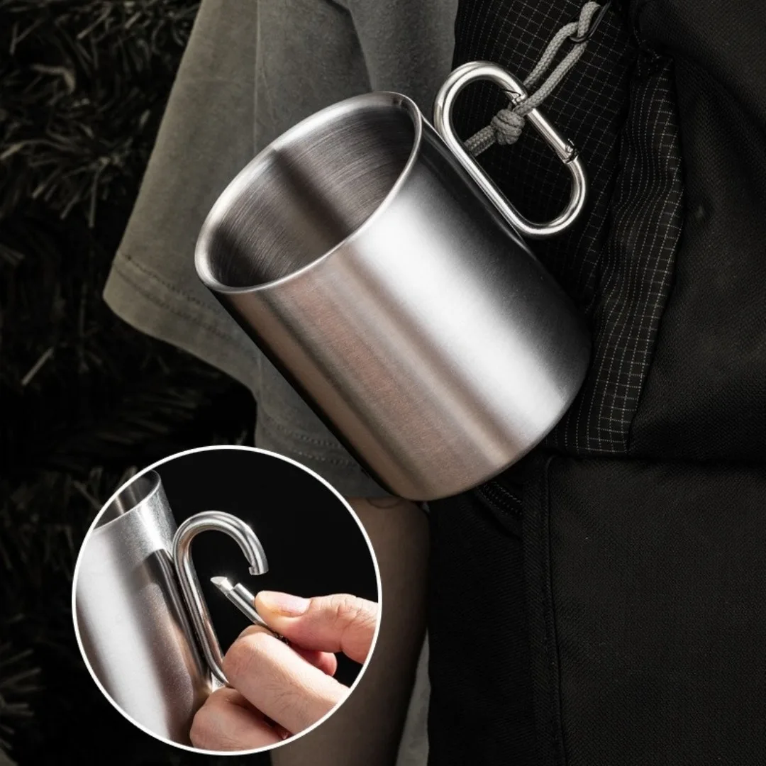 Outdoor Double Wall 304 Stainless Steel Cup Coffee Mug with Buckle Mountaineering Camping Cookout Metal Water Cup Tea Cup