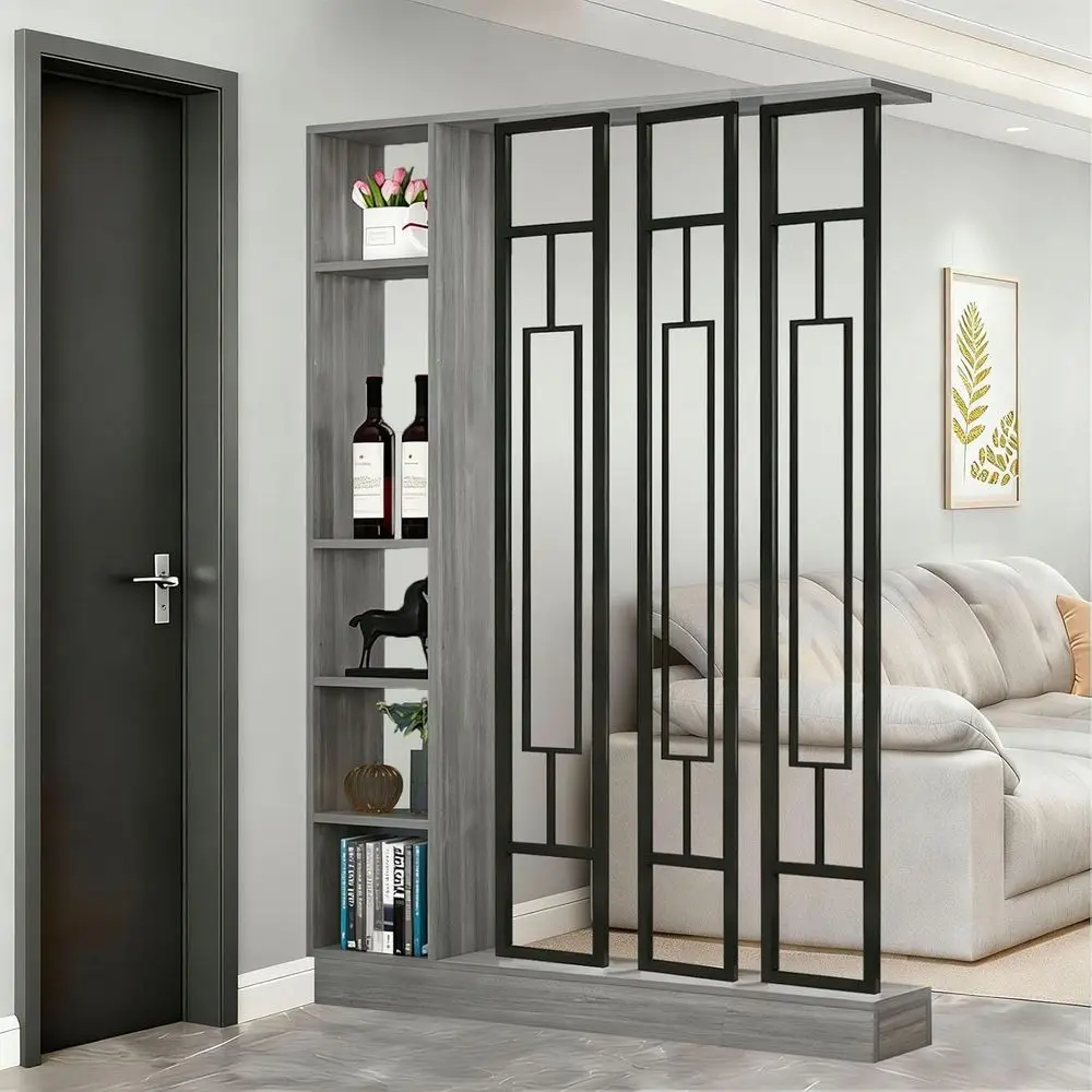 

Gray Oak and Black Wall Room Divider with Storage Shelves, 47.2x9.4x79.5
