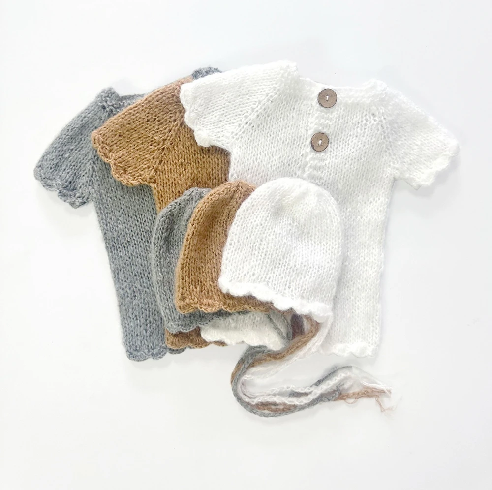 

Вязаная одежда для фотосессии новорожденных, мохеровый комбинезон с короткими рукавами и пуговицами, милая детская одежда для фотосъемки, аксессуары для новорожденных