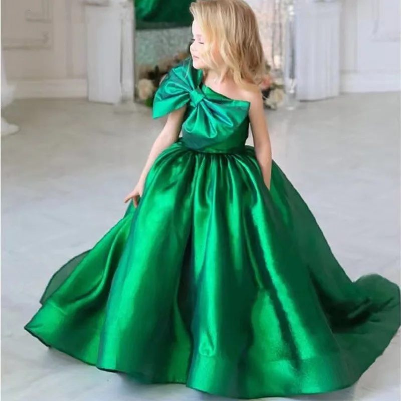 Groene Lange Bloem Meisje Jurk Voor Bruiloft Satijn Mouwloos Met Strik Kind Prinses Verjaardagsfeestje Eerste Communion Baljurken