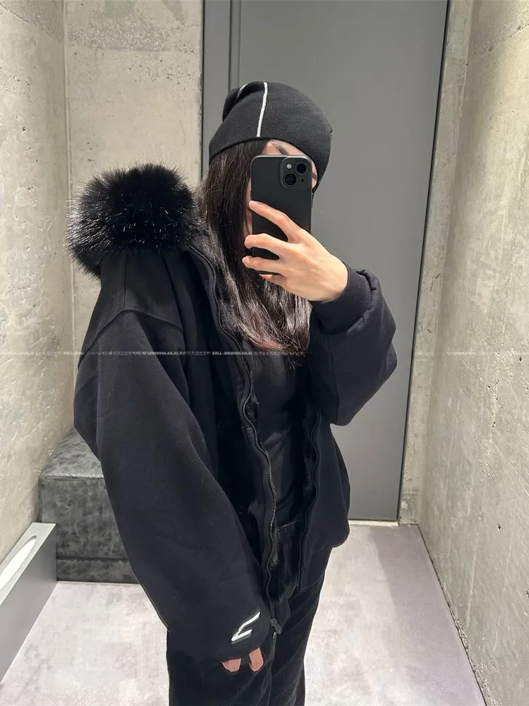 

VANA ILUSION Ski New Season 3B Letter Embroidery Fur Hoodie ex Trendy Warmth Long Sve Zipper Closure Hooded Jaet