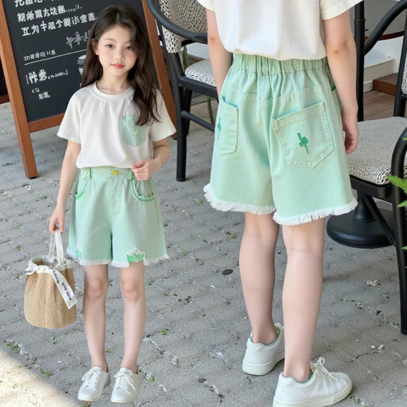 Girls' Summer Shorts for Children 2026, Thin New Style, Fashionable and Stylish kids Colorful Ripped Denim Shorts Jeans