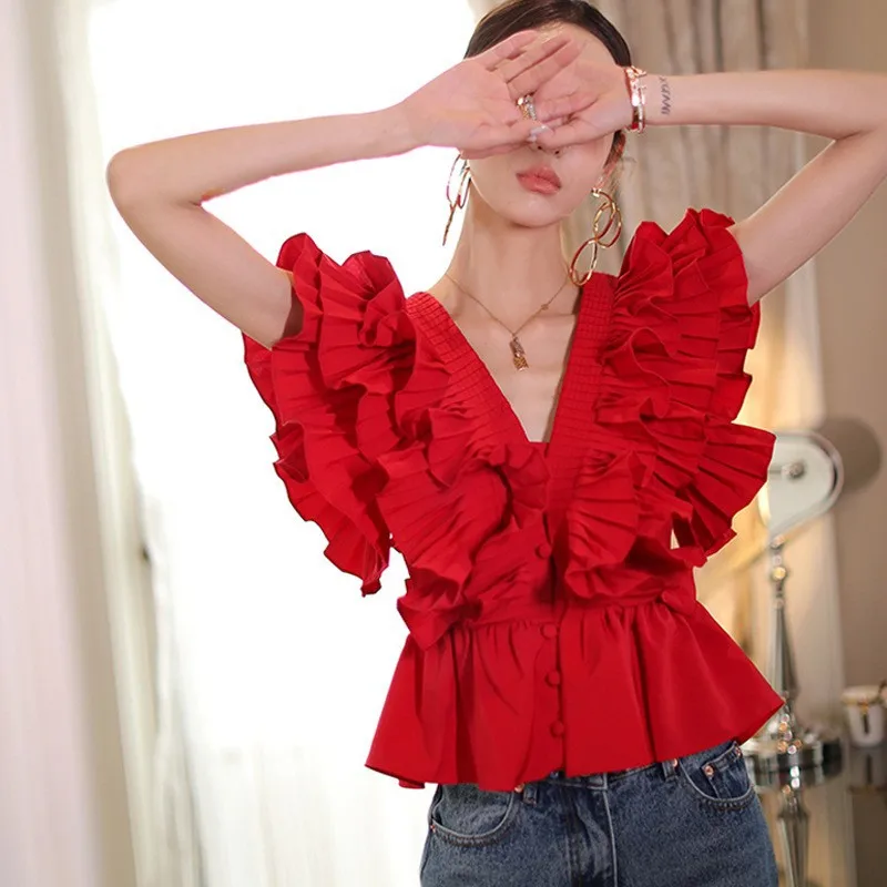 French Elegant Ruffle Edge Pleated Chiffon Short Shirt Top Women\'s Summer Fashion Sleeveless V-neck Single breasted Red Blouse