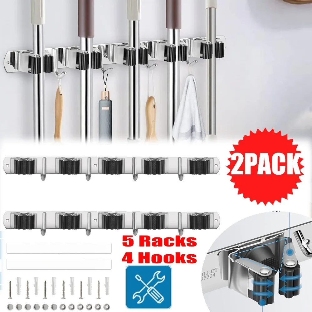 Support de rangement pour serpillières en acier inoxydable, résistant aux charges lourdes, comprenant 2 pièces, support mural robuste avec une capacité de charge de 200 livres, solution de rangement pratique pour les tâches de nettoyage et de rangement à la maison.