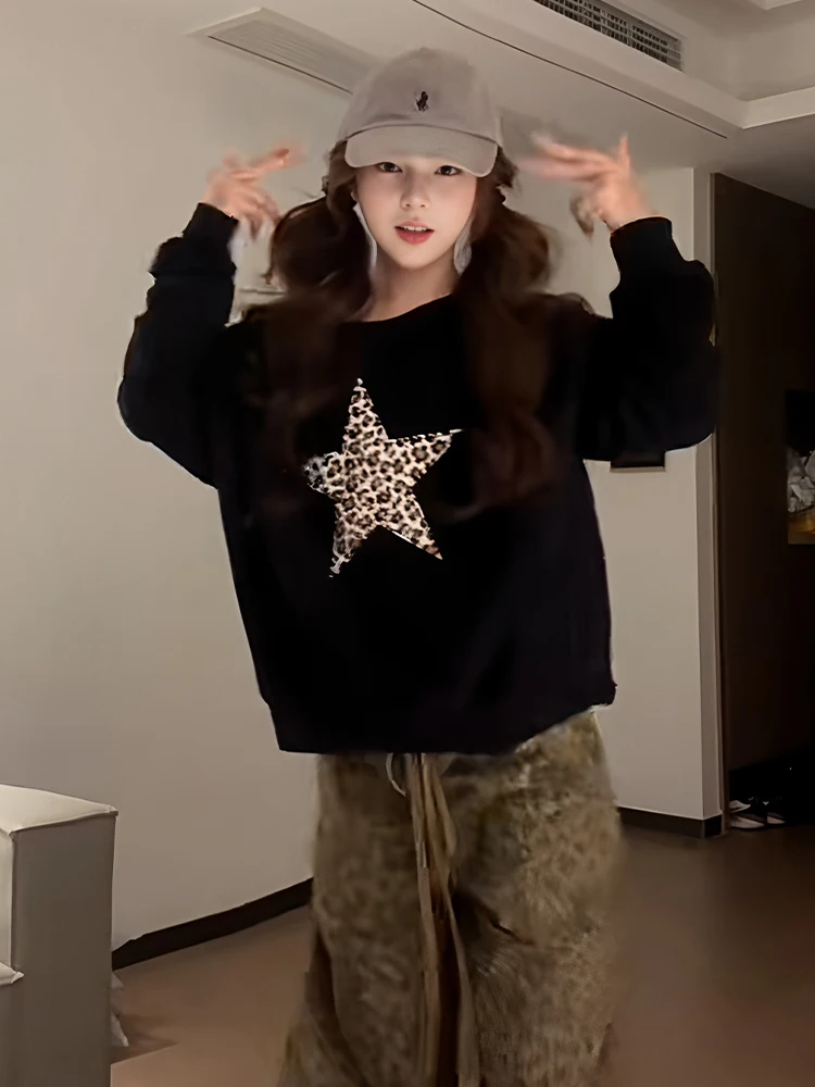 plus Size Women's Bla Asymmetrical oulder Sweatirt Spring Early Star Print Loose Slimming Micro Fat oulder Exposure Top